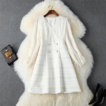 

High Quality Autumn Dresses For Women 2019 New Elegant Lady V Neck Long Sleeve Tassel Patchwork Tweed Woolen Dress robe femme