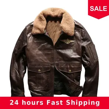 

2020 Vintage Brown Men Pilot Leather Jacket Plus Size XXXL Wool Collar Genuine Cowhide Russian Autumn Military Aviator Coat