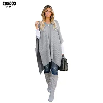 

Women Sleeveless Sweater Loose Cloak Tops Autumn, Winter None V-Neck Solid Knitted Pullovers Casual Casual