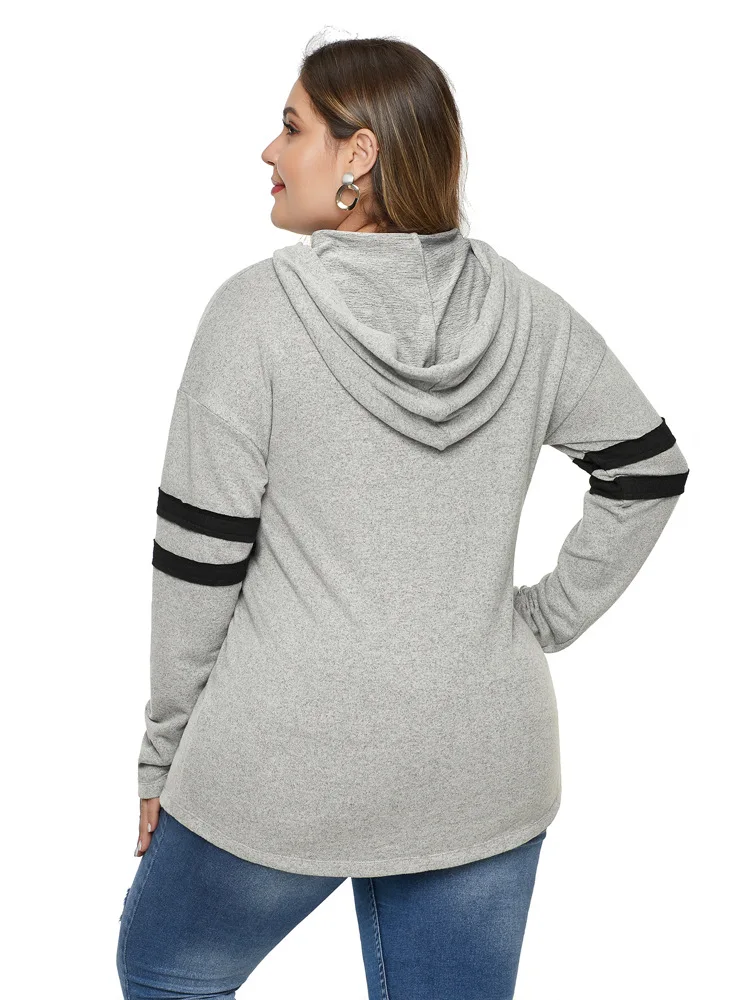 5XL размера плюс осенние толстовки для женщин с длинным рукавом толстовки V образным вырезом полосатый рукав джемпер с капюшоном пуловеры повседневные свободные топы