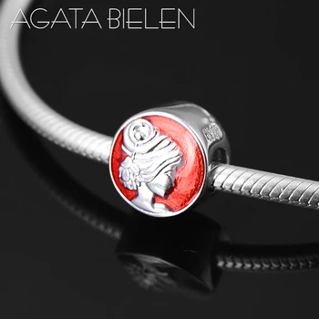 

Hot 925 Sterling Silver red enamel beautiful girl head portrait round fine beads Fit Original europeu Charms Bracelets making