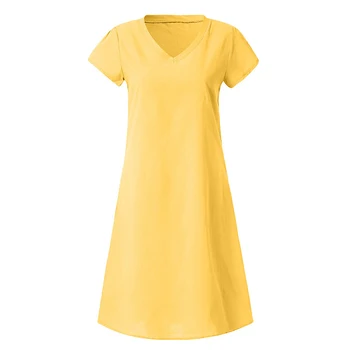 

Solid Cotton And Linen Women Dress Casual Short Sleeve V-neck Summer A-Line Loose Dress N01
