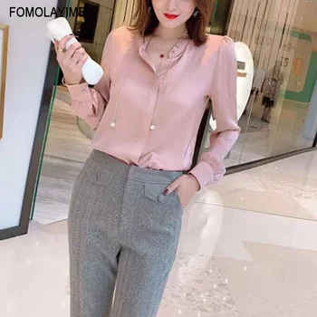 

High Quality Women's Shirt Blouses Solid Color Stand-up Collar String Long-sleeved Shirt Spring 2020 Blouse