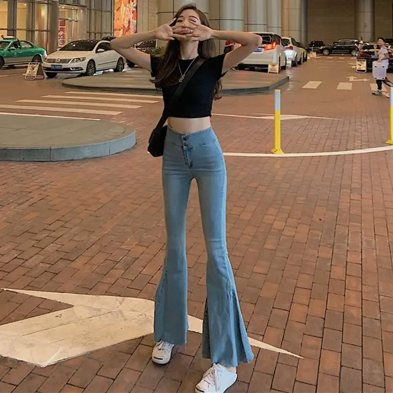 

Chic Slim Slim high-waisted stretch jeans women's new design Retro Large bell-bottom slacks casual pants