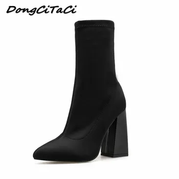 

DongCiTaCi Stretch Boots Women Shoes Woman Ankle Boots England Retro Sexy Thick Heels Black Knight Riding Boots Plus Size 35-42