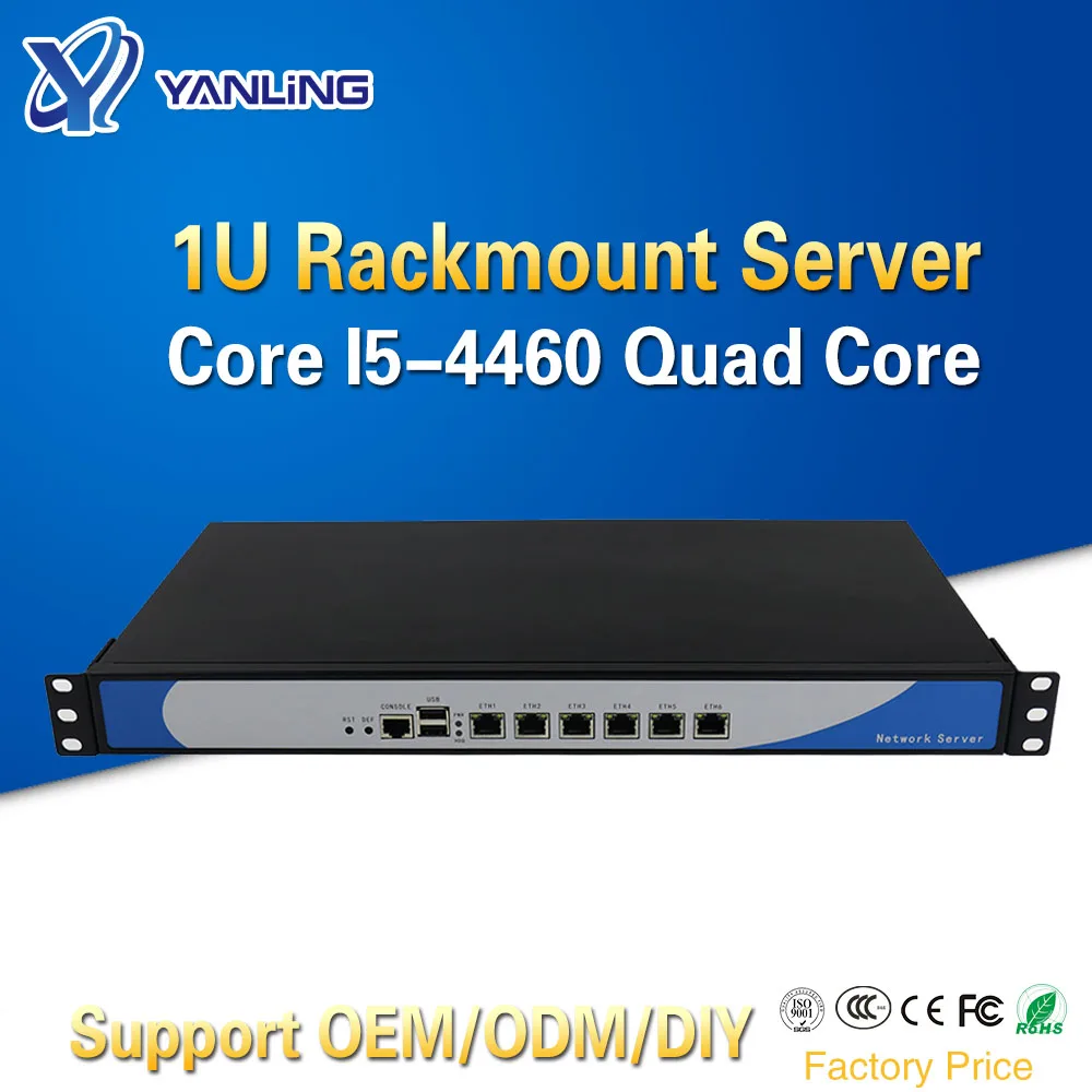 Yanling 1U Серверный Сетевой экран Intel i5 4460 четырехъядерный 6 Lan Алюминиевый Чехол
