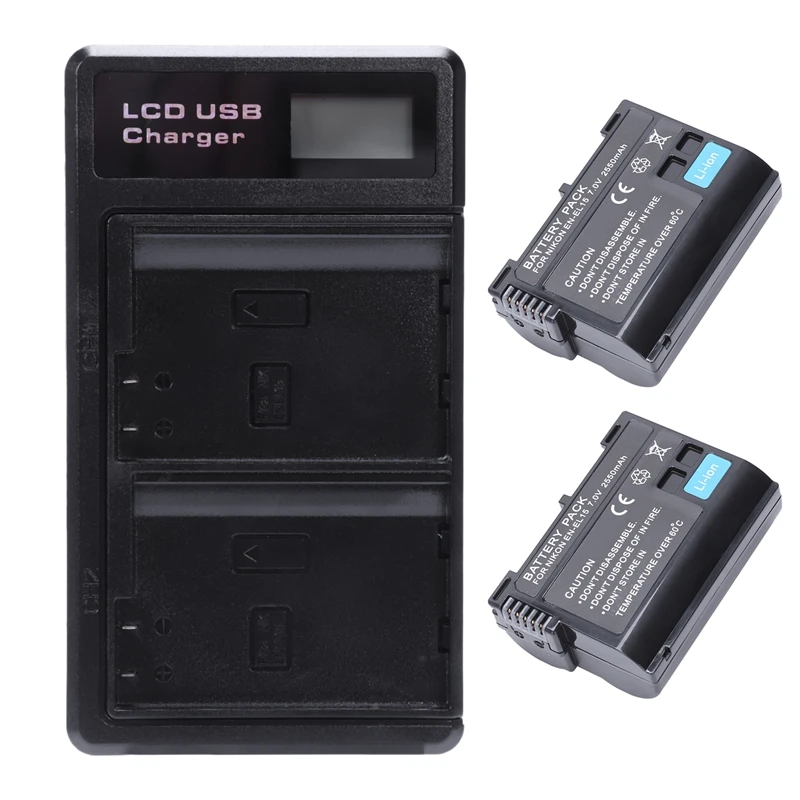 

2 Pcs En-El15 Battery And Lcd Dual Battery Usb Charger For Nikon Z6, Z7, D850, D810, D810A, D800, D800E, D7500, D7200, D7100, D7
