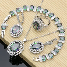 Женские наборы свадебных ювелирных изделий из стерлингового серебра 925 пробы Радужный Кубический Цирконий Роскошные серьги кольцо браслет ожерелье набор турецких ювелирных изделий