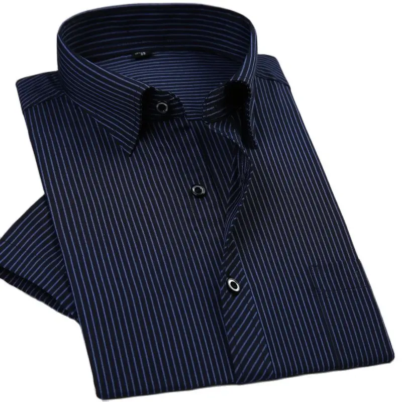 Men Shirts Short-Sleeve Non-Iron Regular-Fit Business Striped Summer with Chest-Pocket