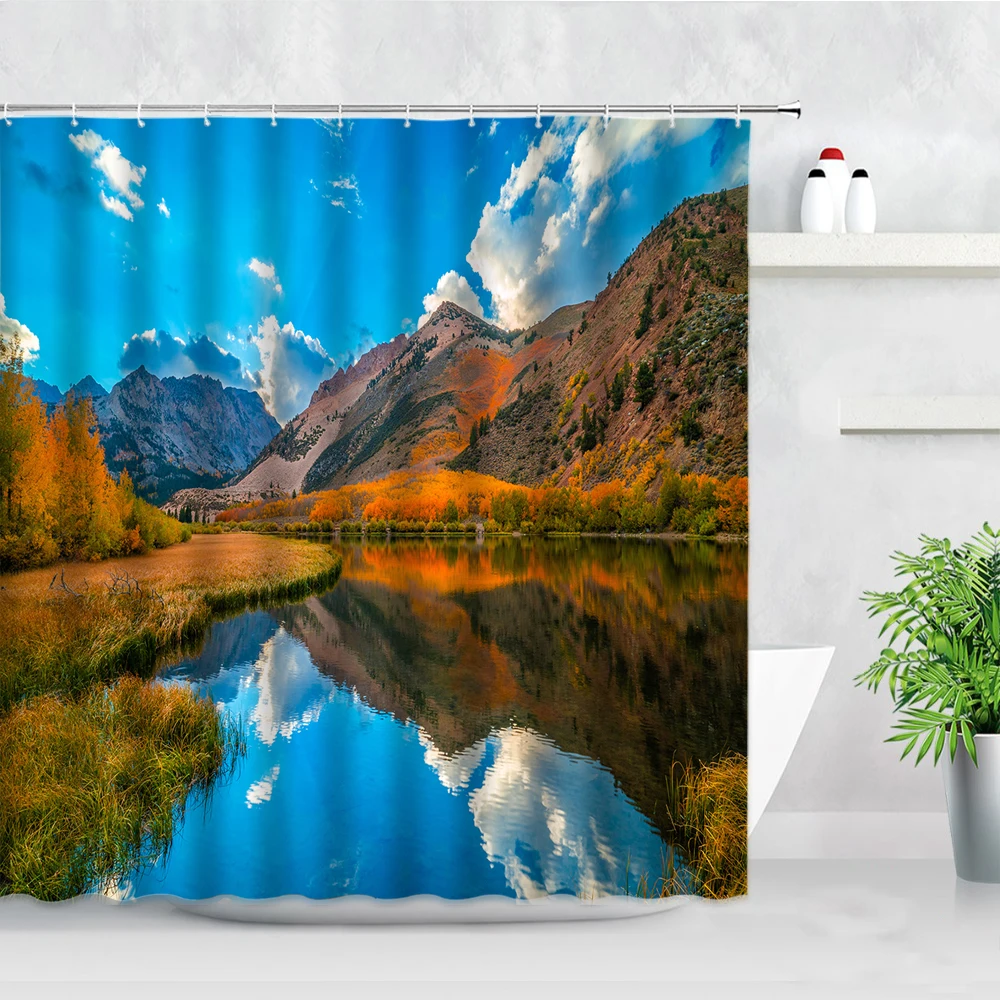Mountain Water Natural Landscape Shower Curtains Forest Trees Waterfall