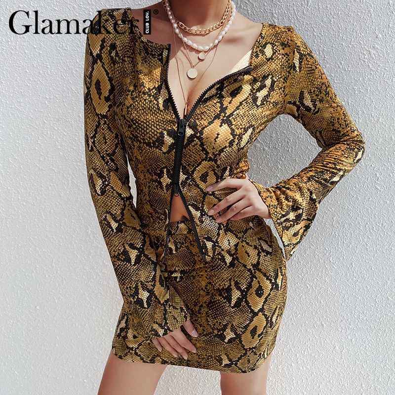Glamaker сексуальные костюмы из двух частей со змеиным принтом короткие Клубные