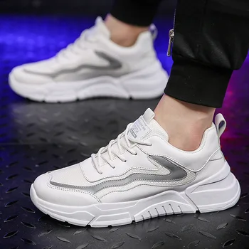 

2020 Summer New Style White Shoes Men Breathable Board Shoes Men Mesh Low Top Shoes Thick Soles Reflective Sneakers Casual Shoes