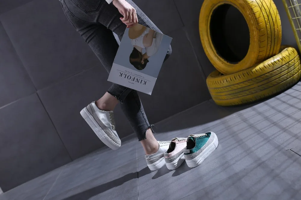 Fashion Women Flats Bling Patchwork Sneakers Platform Shoes Satin Casual Shoes Round Toe Lace Up spring summer autumn