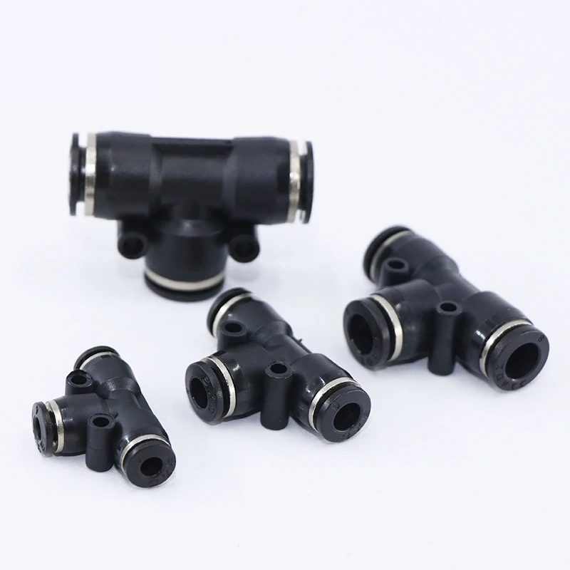 

Black PE series Pneumatic Fittings 3 Way T shaped Tee for OD 4/6/8/10/12/16mm Fitting Quick Connector Adapters