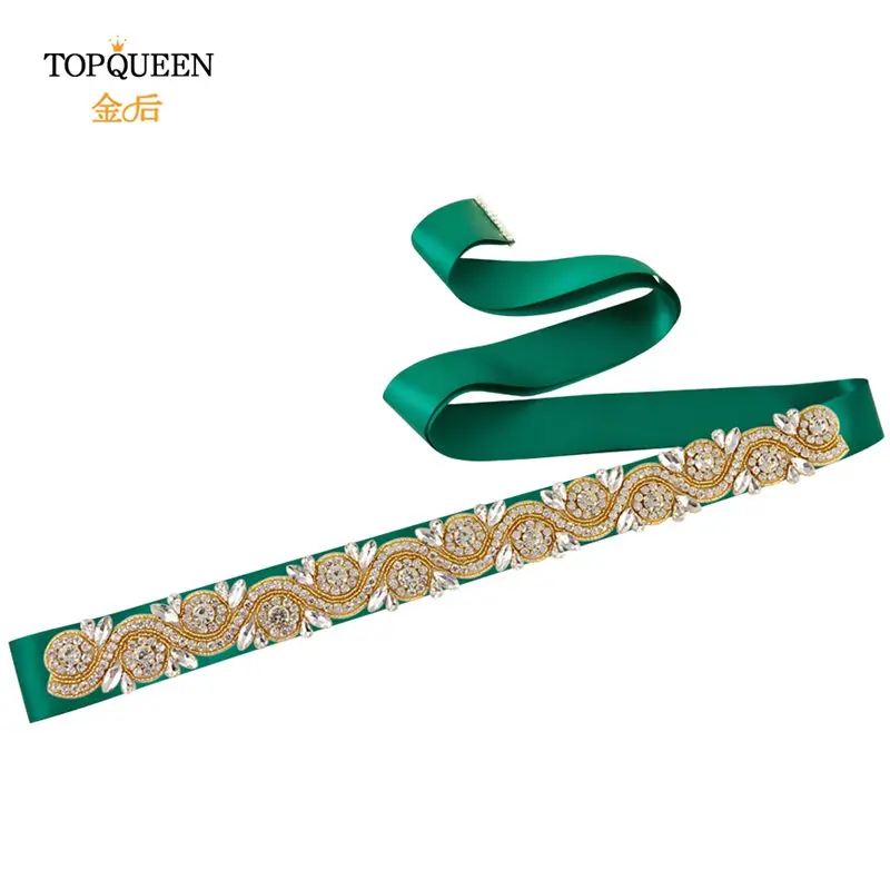 green TOPQUEEN, S164-G, золотой пояс, Золотая лента для платья, золотые стразы, пояс для невесты, пояс для подружки невесты, коктейльное платье, пояс - Цвет: green