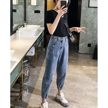

Women High Waist Oversized Harem Jeans Casual 2019 Autumn Elasticpockets Denim Pants Plus Size Loose Trousers