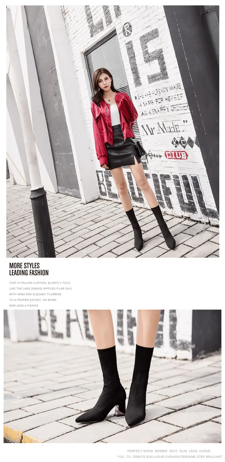 Women Boots Sexy Comfort Soft Flyknit Sock Boots Ladies Square Heels Pointed Toe Slip-On Mid-Calf Booties Size 35-40