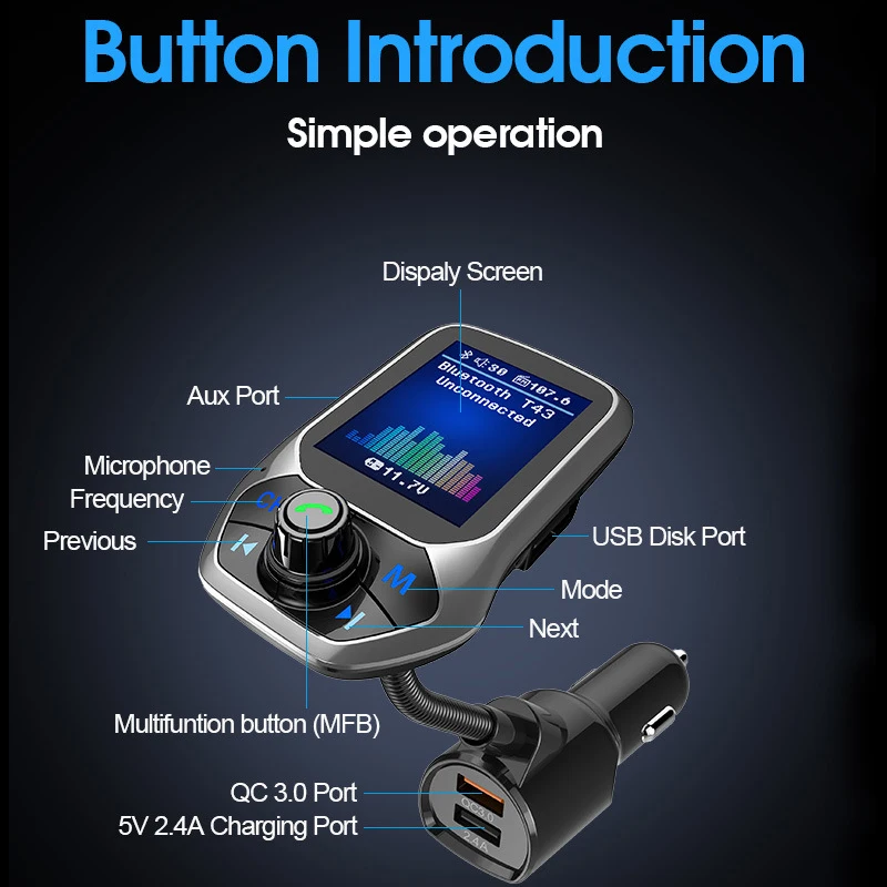 Автомобильный Bluetooth Hands-free Телефон цветной экран MP3 музыкальный плеер Bluetooth 3,0 приемник fm-передатчик двойной USB QC3.0 зарядное устройство