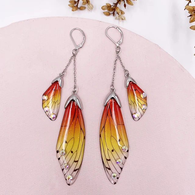 Fairy Resin Butterfly Earrings for Women Shining Crystal Flake Double Wing Long Drop Earrings Ladies Wedding Party Jewelry 2020 Silver-Orange