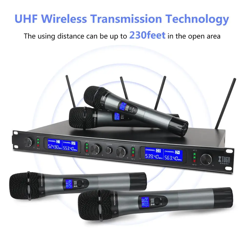 XTUGA MK-230 4 Channel UHF Wireless Microphone System,Cordless Micorphone with 4 Handheld Mic,Metal Build＆Adjustable Frequency,Long Distance 328ft fo