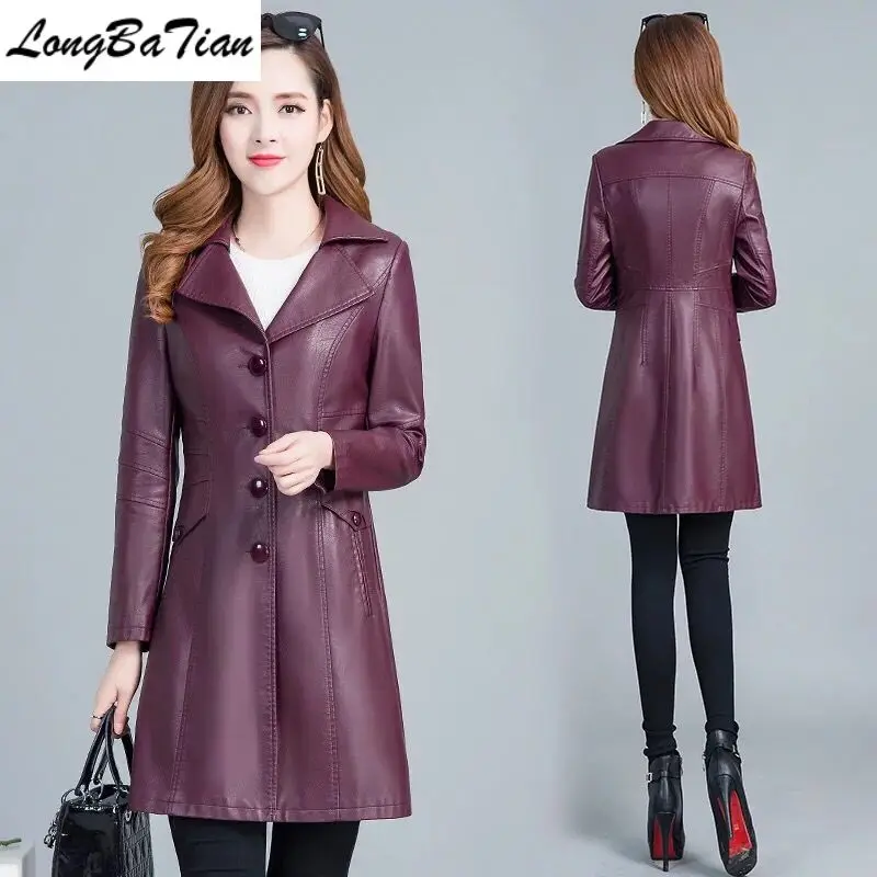 

Slim Fashion Long Trench Coat For Women Turn-down Collar Plus Size 5XL Leather Clothing Female Overcoat Autumn