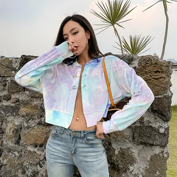 

YYXZ Autumn Fashion Cute Loose Safety Pin Contrast Color Tie-dye Long Sleeve Young Woman Casual Short Jackets Lady Crop Top