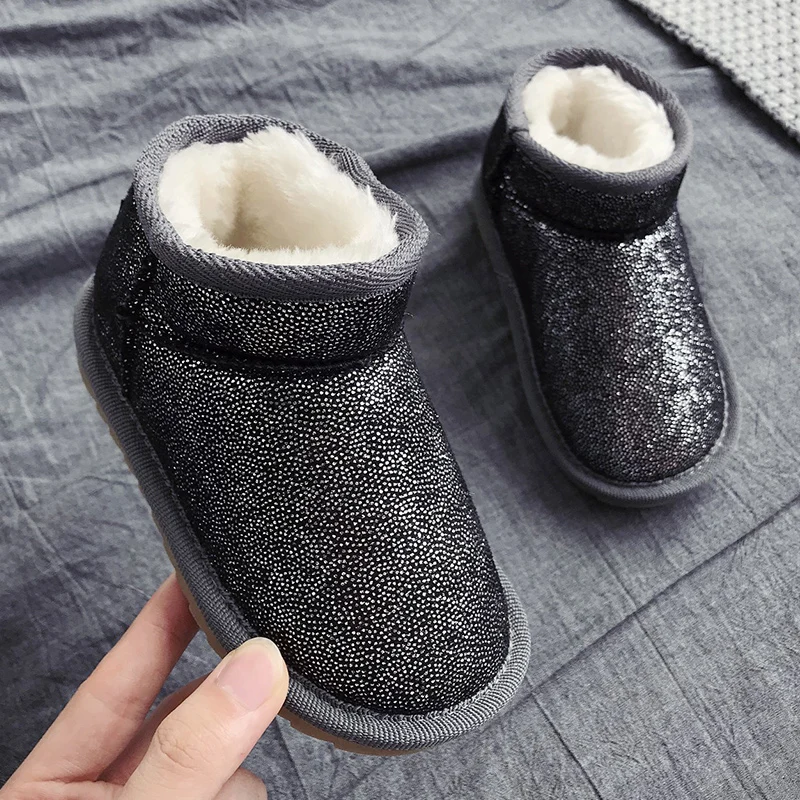 Girls Snow Boots Winter Warm Flat Round Toe Kids Shoes Baby Children's Pink Black Soft Boots Size 20-31 Martin Boots - Цвет: Серый