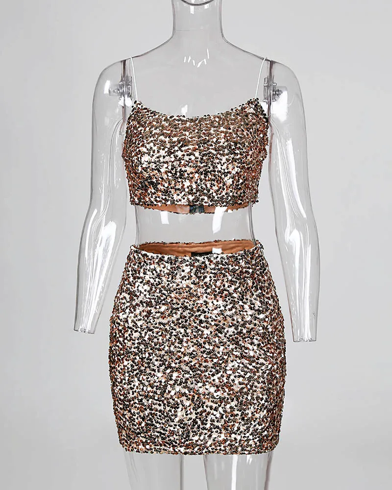 Sequins Spaghetti Strap Crop Top& Slinky Skirt Sets