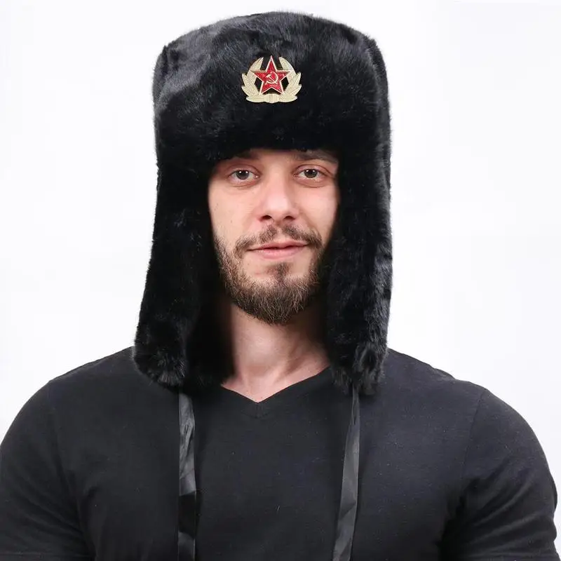 Soviet Badge Hat Pu Waterproof Padded Earmuffs Russian Warm Hat Women Earmuffs Outdoor Warm Hat Padded And Hat Men M3Z3 mens winter bomber hats