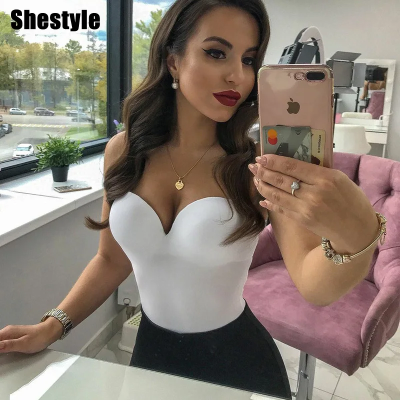 Shestyle mono mujeres Sexy sin espalda ropa de verano ropa de cuello en V Thong Nude Top Bodycon Club cuerpo negro dama elegante sin costura