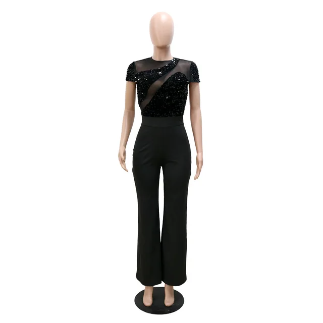 Sexy Black Jumpsuits for Women 2021 New Arrivals Autumn Winter Sequined Short Sleeve Bodycon High Waisted Elegant Evening Cloth 3