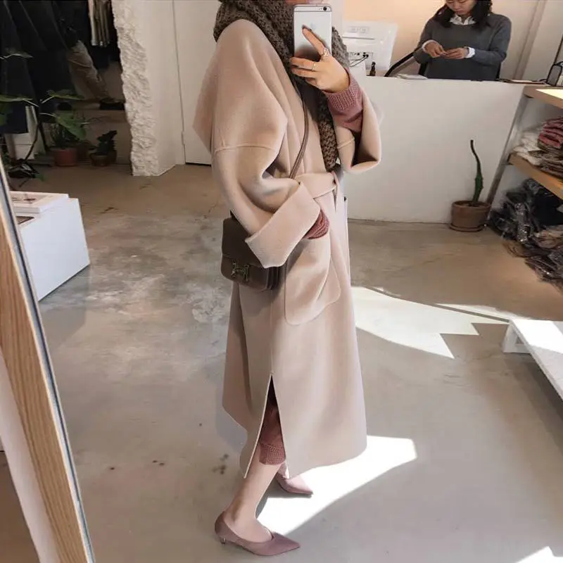 Модная Офисная Женская длинная куртка свободного кроя, однотонная женская шерстяная куртка, теплое пальто и куртка