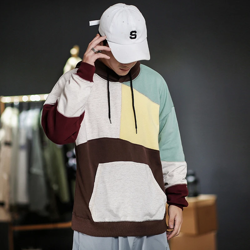 Высокое качество Мужские толстовки размера плюс пэчворк контрастный цвет Повседневная рубашка с капюшоном мужской пуловер хип-хоп Уличная одежда