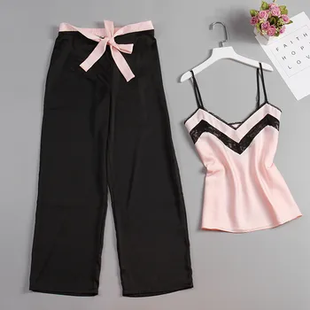 

JULY'S SYJJF 2 Piece Woman Pajamas Stain Silk Sexy Sleepwear Set Woman Pink Top Long Pants Strap Sling Summer Pajama lingerie