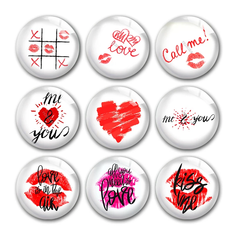 

Valentine's Day Heart Love Kiss Me Round Photo Glass Cabochon Demo Flat Back For DIY Jewelry Making Finding Supplies Snap Button