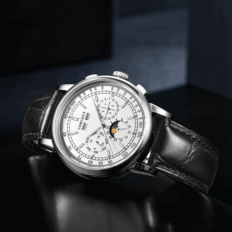 Corgeut42mm фазы Луны часы Для мужчин автоматические механические наручные s Relogio Prova De