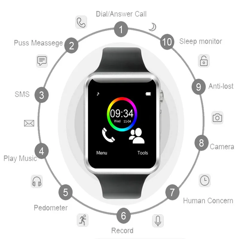 Relogio Masculino A1 наручные часы Bluetooth Смарт спортивные Шагомер с sim камерой Smartwatch для