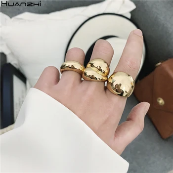 

HUANZHI 2020 New Glossy Wide Version Gold Color Plated Exaggerated Metal Rings Open Adjustable Ring for Women Men Jewelry