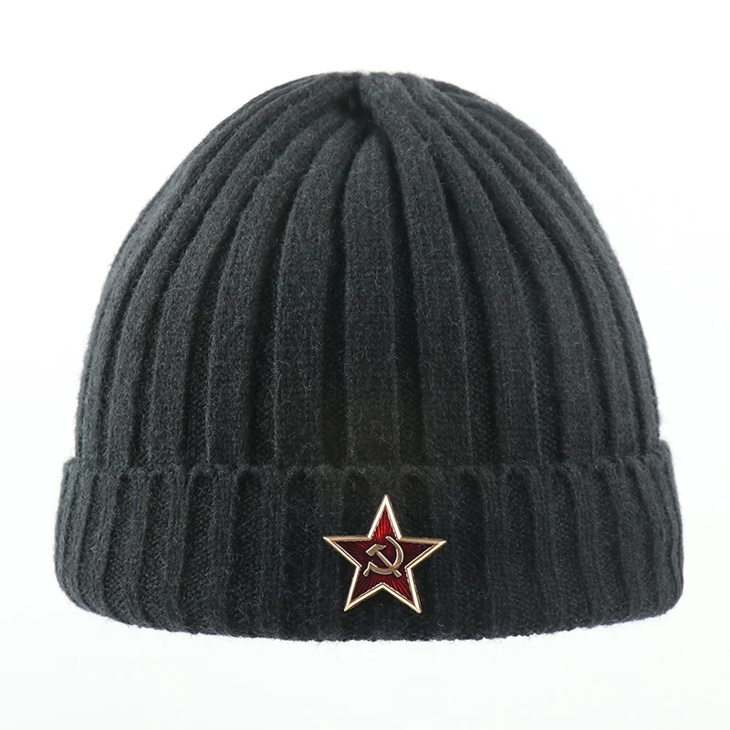 CAMOLAND Beanies, вязаная зимняя шапка, модная пентаграмма, советские значки, шапки для мужчин и женщин, уличная флисовая шляпка, Лыжные шапки - Цвет: BK Pentagram Soviet