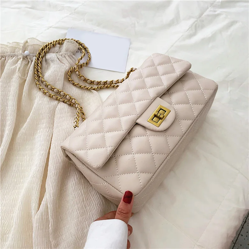Женские сумки на плечо designers Chain, сумка-мессенджер, клетчатая кожаная сумка через плечо, маленькая квадратная сумка, сумки, Bolsa feminina - Цвет: Слоновая кость