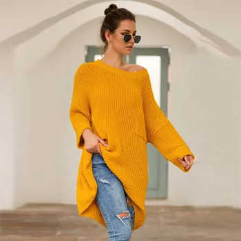 

2019 Women Plus Size Sweater Dress Autumn Winter Long Sleeve Knit O Neck Pocket loose Sweaters Pullover Pull Femme Blouse Tops
