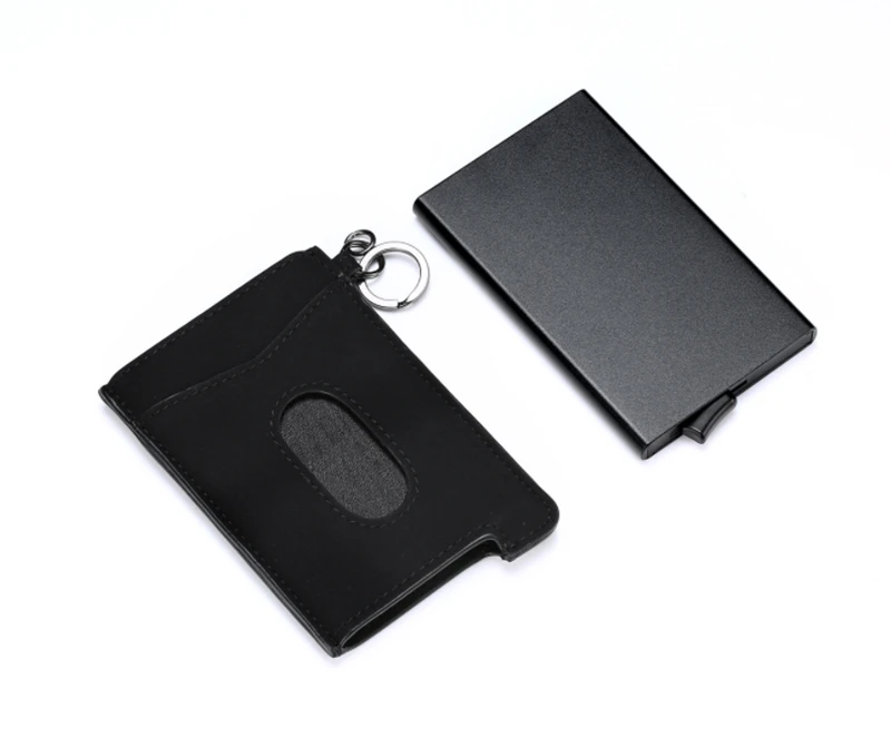 Vintage Cowhide Leather Business Smart Wallet RFID Card Holders Slim Antitheft Security ID Holders Aluminum Box Pup Up Card Case