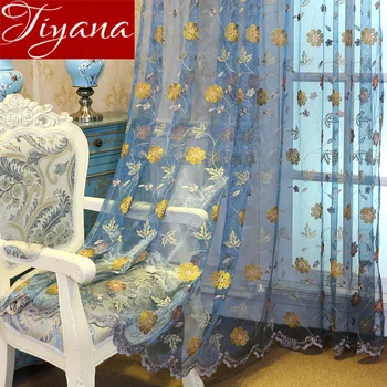 

Luxury Leaves Rustic Curtain for Living Rom Balcony Blue Sheer Lace Floral Voile Kitchen Drape Tulle Curtain X066#40