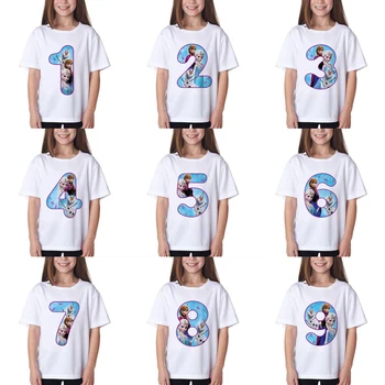 

Baby Boys/Girls Happy Birthday Cute Elsa Anna Princess Print Clothes Children Funny Tshirt Kids Number 1-9 Birthday Present