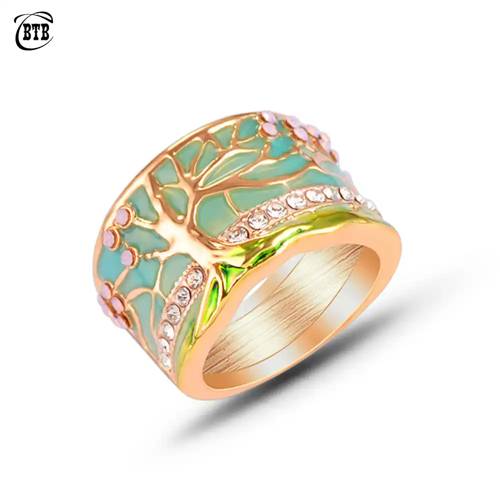 Hot lucky flor árvore anéis moda ouro rosa opala esmalte verde anel largo para a mulher festa de cristal do vintage jóias 2019 novo