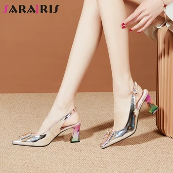 

SARAIRIS High Quality Patent Leather Sandals Women High Heels Wedding Sandals Ladies Party Sexy Pointed Toe Shoes