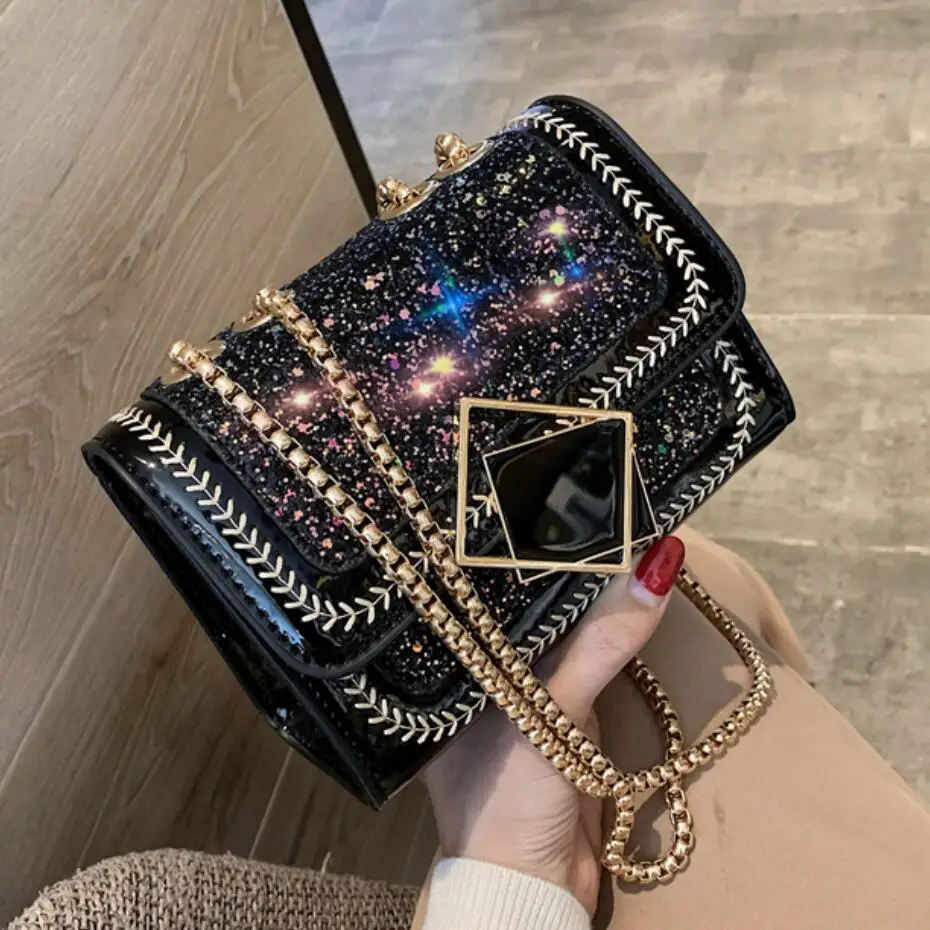 

Sequins Square Crossbody Bag 2019 Winter New Quality Patent Leather Women's Designer Handbag Lock Chain Shoulder Messenger Bag