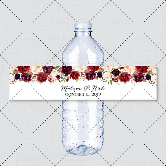 Personalized Bottle Labels White Green 0020 Printable OR Printed Wedding Water Bottle Labels White Flower Custom Water Bottle Labels