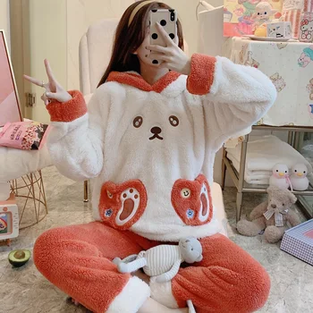 

2020 winter flannel ladies cartoon print pajamas can be worn outside pajamas 2 sets of coral fleece hooded collar home wear