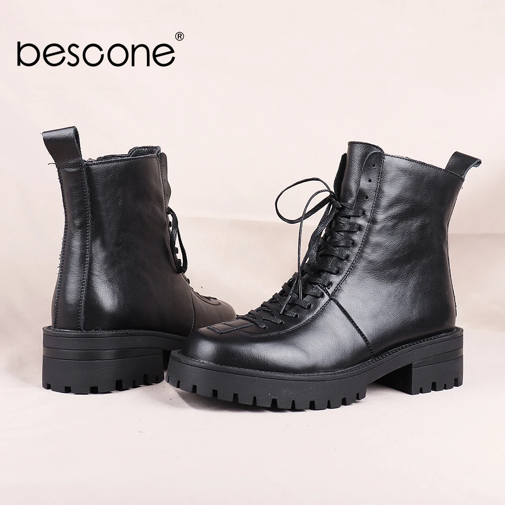 BESCONE Women's Shoes Winter Casual Comfortable Martin Ankle Boots Genuine Leather Platform Round Toe Zipper Boots Woman BC844